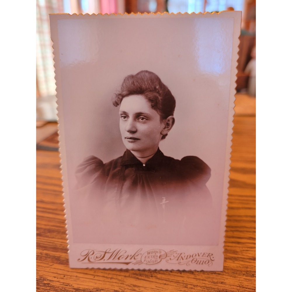 Antique Cabinet Card Woman Lady Victorian Portrait Andover Ohio R.S. Work Hattie